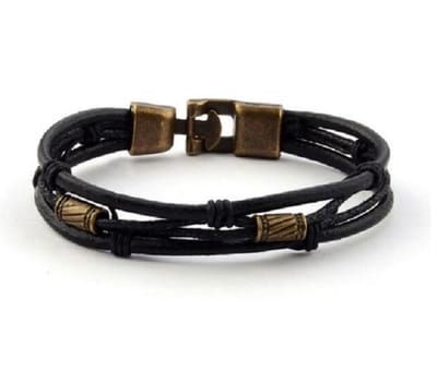 Sorprese armband - Vintage - armband heren - leer - zwart - 5 snoeren - cadeau - Model J