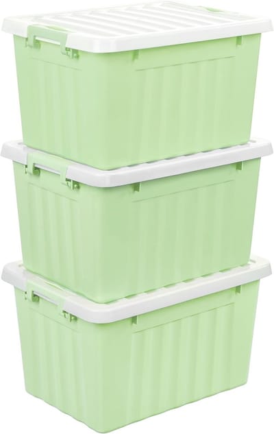 15L x 3 opbergdozen met deksels, plastic opbergbakken met vergrendelende gespen, kliksluiting, stapelbaar, nesten, organizer voor thuiskantoorkleding, groen, 15L-3 Pack