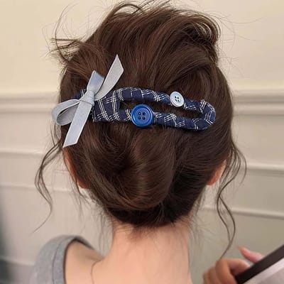 Elegante Haarclip voor Dames met Blauw-Witte Elastische Strik, Antislip Klem voor Krullend Haar en Modeaccessoires