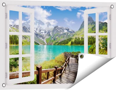 Gards Tuinposter Doorkijk Pad naar een Helder Blauw Meer in de Bergen - 60x40 cm - Tuindoek - Tuindecoratie - Wanddecoratie buiten - Tuinschilderij