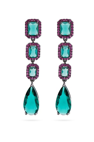AVANT-GARDE PARIS Geometric Drop Earrings - Groen 1.0cm X 6.0cm - 1 stuk - Rhodium Plated met groene en paarse edelstenen