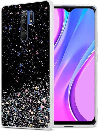 Cadorabo Hoesje geschikt voor Xiaomi RedMi 9 in Zwart met Glitter - Beschermhoes van flexibel TPU silicone met fonkelende glitters Case Cover Etui
