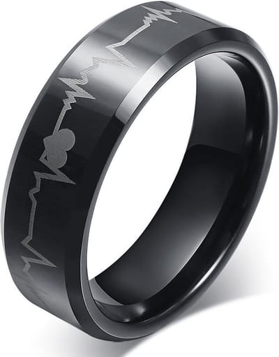 Zwarte Ring met Hartslag Patroon - ECG - Staal - Ringen Heren Mannen Dames Vrouwen - Papa Cadeau Voor Mannen - Vaderdag
