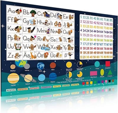 Bureauonderlegger Kinderen - Bureaukleed Leren - Spelenderwijs Leren - Met Alfabet en Planeten - 60 x 40 cm - Blauw