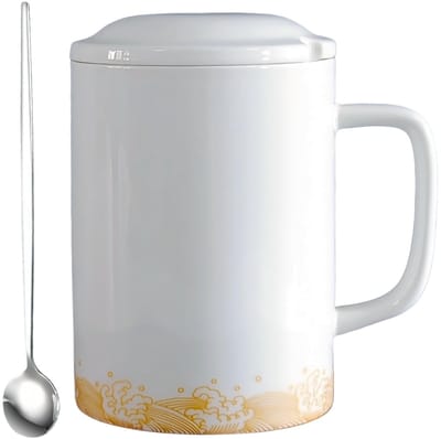 Dailygoods- Koffiemok 1000ML Extra Grote Keramische Koffiemok - Grote Koffiekop XXL - Big Mug 1 Liter - Koffiemok met Deksel en Lepel - Comfortabel Vrijetijdsleven - Theekop