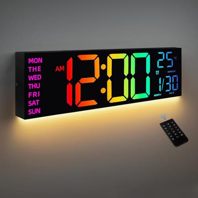 Lzwintrading - Digitale Klok - Digitale Wandklok Radiogestuurd - Wandklok Digitaal - LED Scherm 7 Kleuren - 16 Inch Grote Digitale Klok met Temperatuur - Datum Automatische Zomertijd Nachtlampje - Voor Woonkamer Slaapkamer Kantoor