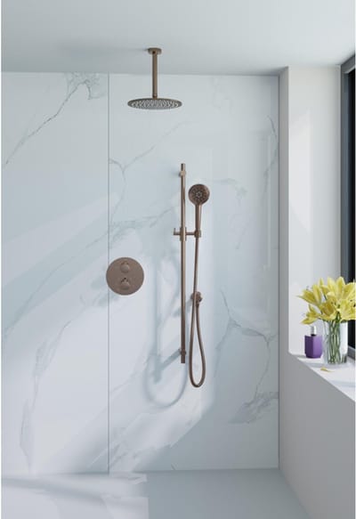 FugaFlow Eccelente Acces Inbouw Regendoucheset - rond - thermostatisch - plafondarm - glijstang - 25cm hoofddouche - ronde handdouche - Geborsteld koper PVD (Koper)