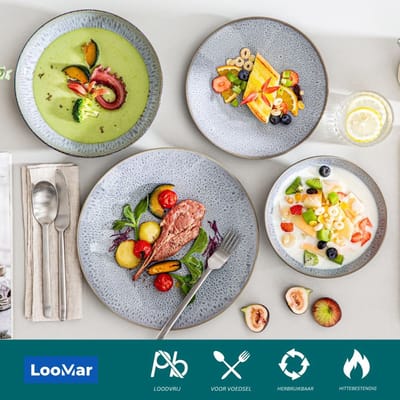 LooMar Serviesset – 32 delig – 8 persoons –Porselein - Luxe – Bordenset – Dinner platen – Dessertborden - Kommen - Mokken - Set - Grijs