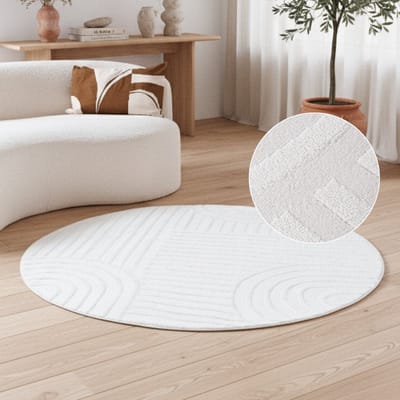 TAPISO Hygge Rond Vloerkleed Crème-Wit Modern Laagpolig 3D Geometrisch Kleed Tapijt Woonkamer & Slaapkamer Slijtvast en Onderhoudsvriendelijk OEKO-TEX - 80x80