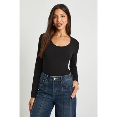 boohoo Dames Basic bodysuit met lange mouwen en ronde hals | Zwart | Maat: 40