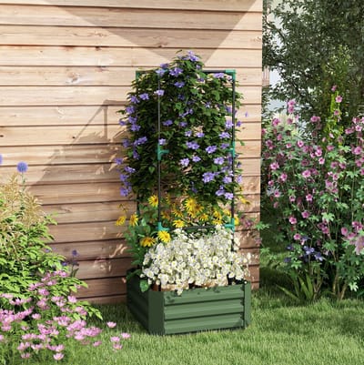 MEUNIQ staande plantenbak 61 x 61 x 140 cm met verstelbaar klimrek, open bodem en verzinkt staal, vierkante kweekbak voor tuin en balkon, groen