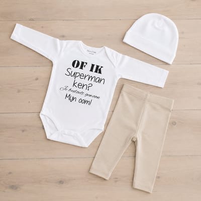 Baby cadeau geboorte unisex jongen of meisje Setje 3-delig newborn | maat 62-68 | grijs mutsje en broekje en romper lange mouw wit met zwarte tekst of ik superman ken? je bedoelt gewoon mijn oom | pakje | Kraamcadeau