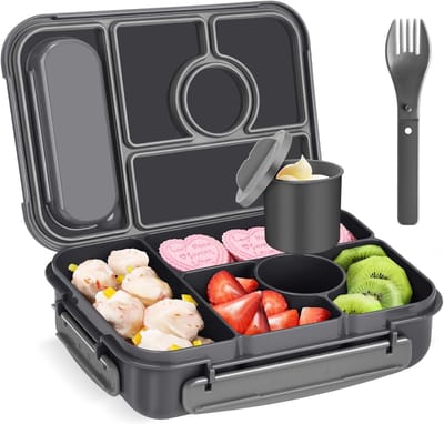 Lunch Box Adults/Kids,Bento Box Kids,1300ML- 5 vakken Lekvrij Lunchbox met sausdoos,Lunchbox Voor Volwassenen,Lunch Container,Snackbox Sandwichbox,Herbruikbaar (Donkergrijs)