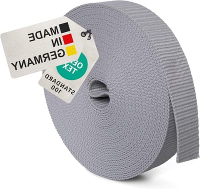 BAUHELD® 10m universele riemband 20mm [Made in Germany] - geweven montageband van polypropyleen - riem voor bevestiging, naaien of accessoires voor rugzak, koffer, kliksluiting, spanband - grijs