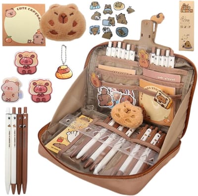 Capybara Stationery Set - Cute Capybara Pencil Case - Stationery Gift voor Kinderen - met Pennen - Clips - Stickers en Meer voor Kantoor - School - Studenten - Creatief Schrijven