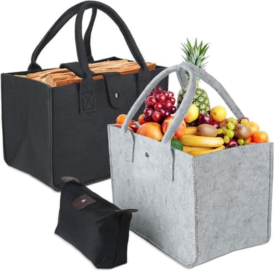 Allecto Plus - Set van 2 grijze boodschappentassen van vilt | Afmetingen 30 x 20 x 18 cm | Opvouwbare vilten mand | Voor winkelen en opslag van boeken, kleding en speelgoed