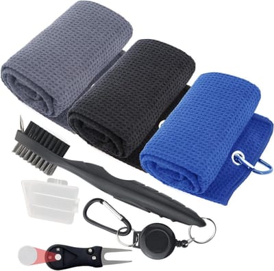 Golf Accessoires Set - Golfset Heren - Club Reinigen - 5-in-1 Kit - 3 Handdoeken - Veelkleurig