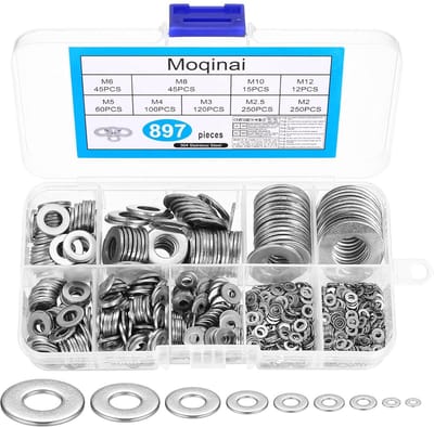 SnelShoppen - 897-Piece RVS Ringetjes Set, Platte Washers Assortiment, Dichte Metalen Thrust Ringen voor Schroeven, Precisie RVS Washers M2 M2.5 M3 M4