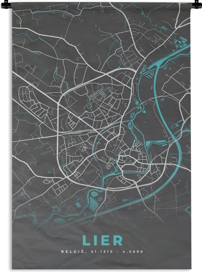 Wandkleed - Wanddoek - Plattegrond – Lier – Blauw – Stadskaart - Kaart - België - 120x180 cm - Wandtapijt