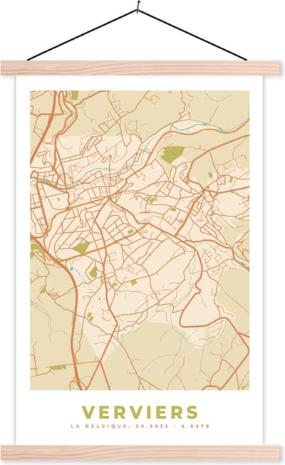 Posterhanger incl. Poster 40x60 cm - Schoolplaat - Stadskaart - Kaart - Plattegrond - Vintage - Verviers - Textielposter - Blanke latten - Stadskaart