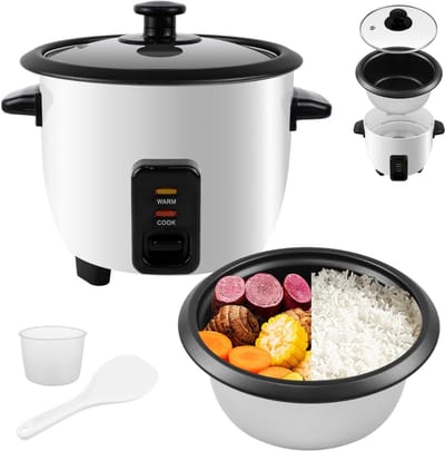 Aurixi® Rijstkoker Klein - Rijstkoker - Elektrische Rijstkoker - 0.6L - Mini Variant - Wit - 24cm x 24cm x 23cm