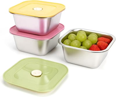 KZQ roestvrijstalen bewaardozen - 3-delige set met siliconen deksels, lekvrij, herbruikbaar - Geschikt voor yoghurt, fruit, snacks en maaltijdvoorbereiding - Vaatwasmachine- en koelkastbestendig - 400+700+1000 ml - Groen, geel, roze