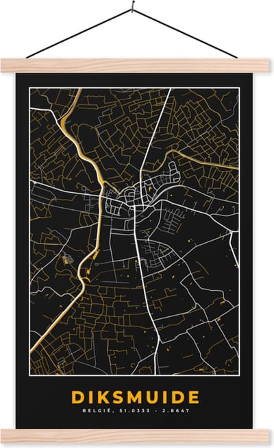 Posterhanger incl. Poster 40x60 cm - Schoolplaat - Stadskaart - Plattegrond - Diksmuide - Goud - Kaart - Textielposter - Blanke latten - Stadskaart