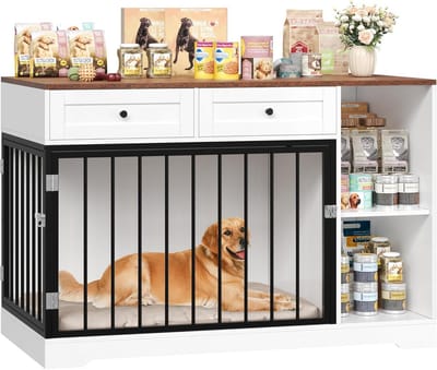 Hondenbench van metaal en hout, 120 cm breed, hondenbox met 2 laden voor thuis, bruin en wit