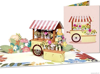 Popcards pop-up kaarten - Schitterende Bloemenkraam met Vrolijke Bloemist Bloemen Bloemenkiosk Bloemenwinkel Pop-up Kaart Wenskaart