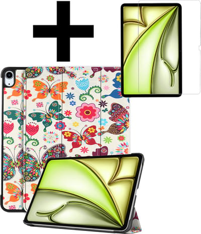 Hoes - Geschikt voor Apple iPad Air (2024/2025/2026) - 11 inch - Met Screenprotector - Trifold Bookcase - Hard Cover - Hardcover Book Case - Tablet Hoesje - Vlinders