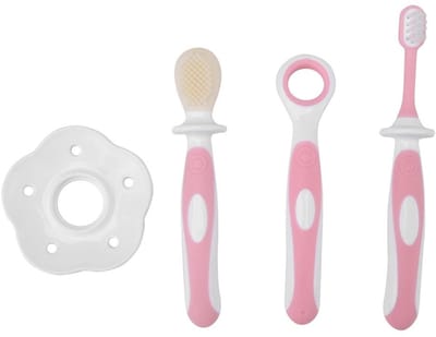 Dailygoods- Tandenborstelset Antislip Handgreep - Bijtring/Tandenborstel - Tongkrabber - Dubbelzijdige Borstel - Beschermplaat - Innovatief Design - Babyverzorging