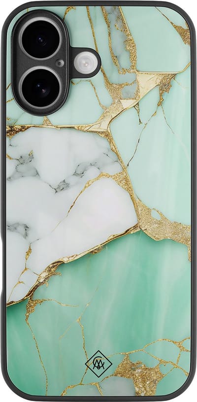 Casimoda® hoesje - Geschikt voor iPhone 16 - Marmer Mint Goud - Luxe Hard Case Zwart - Backcover telefoonhoesje - Mint