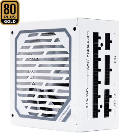 1000W V3.1 80+ GOLD Full Modular Super Silent Power Supply 135 mm Fan - White - Full Modulair Kabelbeheer PC voeding - 4+4 Pin (8 Pin EPS) - 6x PCIe (6+2 Pin) - 1x PCIe 5.1 (12+4 Pin) - 10x SATA connectors