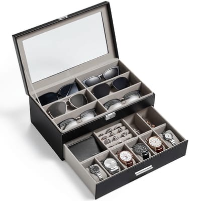 Dailygoody - Zonnebril Organizer - Sieraden Houder - Dubbellaags Design - Zwart - Horloge Box - Perfect Cadeau Idee - Geschikt voor Dames en Mannen