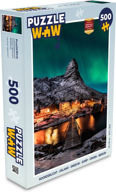Puzzel Noorderlicht - IJsland - Sneeuw - Dorp - Groen - Bergen - Legpuzzel - Puzzel 500 stukjes