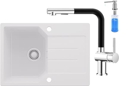 Anycee MAX Spoelbak Keuken Wit - Granieten Spoelbak 65x45CM - Spoelbakken Keuken Met Keukenkraan en Zeepdispenser - Spoelbakken Met Afdruip - Opbouw Spoelbak