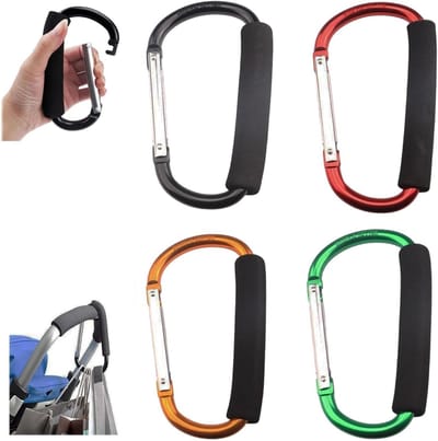 Pram Haakset voor Kinderwagens, 4 Stuks Aluminium Carabiners voor Winkeltassen, Handtassen en Buggy's, Ideaal voor Ouders en Dagelijkse Boodschappen