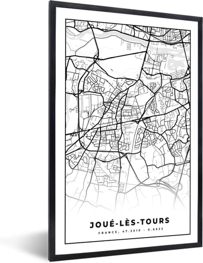 Fotolijst incl. Poster Zwart Wit- Frankrijk - Kaart - Plattegrond - Joué-lès-Tours - Stadskaart - Zwart wit - 40x60 cm - Posterlijst