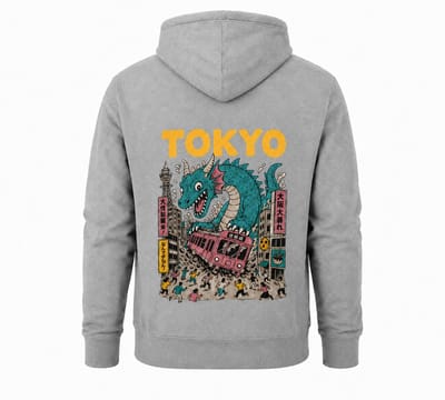 Hoodie Heren met capuchon – Hoodie met Tokyo Dragon Print – Streetwear – Grijs - S
