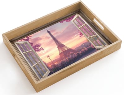 Dienblad hout 40x30 cm - Schootdienblad - Doorkijk - Parijs - Eiffeltoren - Roze - Kersenbloesem - Borrelplank rechthoek - Plateau dienbladen