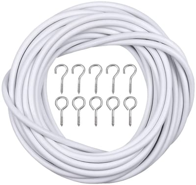 Dailygoods- Gordijndraad 10 m - Set met 20 Haken/Ogen - Witte Gordijn Draad - Geschikt voor Houten/Metalen Ramen - Eenvoudig te Monteren - Ophangkoord