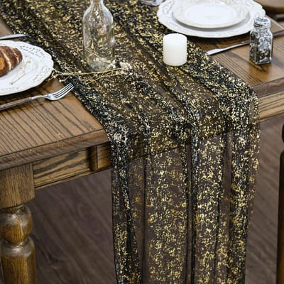 75*300cm-tafellopers textiel-Tafelloper Tule met Glitters-Prachtige woondecoratie, tafeldecoraties-Zwart - Gouden pailletten