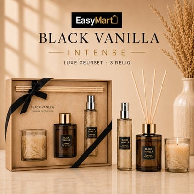 EasyMart Black Vanilla Intense Luxe Huisparfum Set 4-Delig – Premium Cadeauset met Geurstokjes, Roomspray & Geurkaars – Luxe Geurset voor Woonkamer, Badkamer, Toilet & Slaapkamer