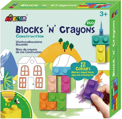 AVENIR Blocks 'N Crayons - Gebouwen - 12 Kleuren En 3 Blokvormen - 3 Kleurplaten - 3 Jaar
