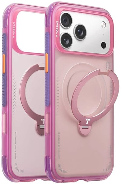TORRAS Hoesje Geschikt voor Apple iPhone 17 Pro - Ostand Q3 Air Spin - Compatibel met MagSafe / Qi2 - Back Cover met Magneet - 360° Draaibare Ring Standaard - Roze