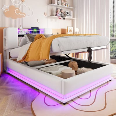 REDOM kinderbed 90x200 cm – Fluweel beige – LED, USB, hydraulische opbergruimte, metalen lattenbodem – 150 kg