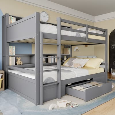 Stapelbed - 90x200 cm eenpersoonsbed - kinderbed met laden en opbergruimte - zonder matras - grijs