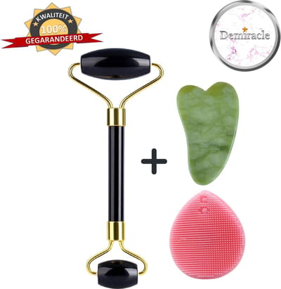 Demiracle Black Obsidian Face Roller met Gua Sha Schraper en Roze Siliconen Gezichtsborstel - Gezichtsroller - Massage Roller - Jade Roller - Rimpelverwijdering - Ontspanning