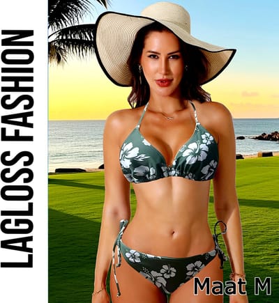 LaGloss® Sexy Groene Bikini Set met Bloemenprint – 2-Delige Halter Nek Zwemkleding – Hoogelastisch & Elegant – Maat M