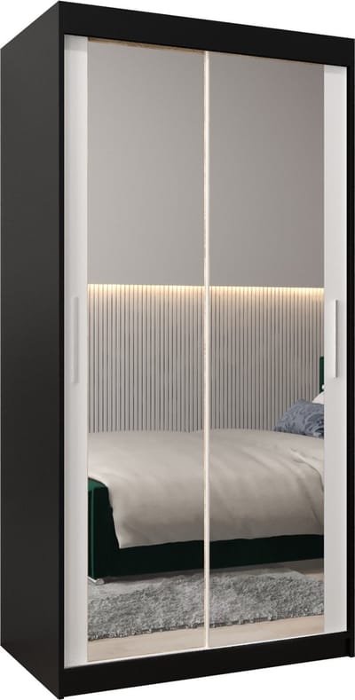 InspireMe - Kledingkast met 2 schuifdeuren, Modern-stijl, Kledingkast met planken (BxHxD): 100x200x62 - TORM III 100 Zwart Mat + Wit Mat